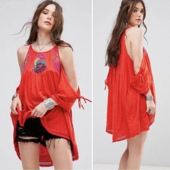 Free People Fast Times Cold Shoulder Beaded Embroidered Tunic Top - Picture 1 of 13